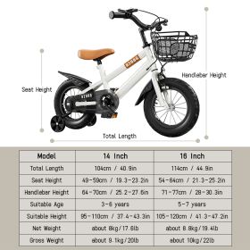 Kids Bike Bicycle for Girls Ages 3-7 Years with Training Wheels Basket Kids Bicycle (Option: 14in-white)